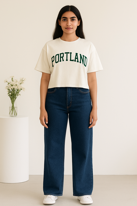 Dark Blue Wide Leg Jeans with White Oversized Crop Top