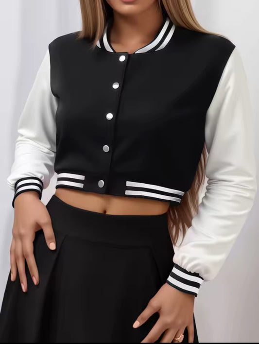 Plain Basic Cropped Varsity Jacket