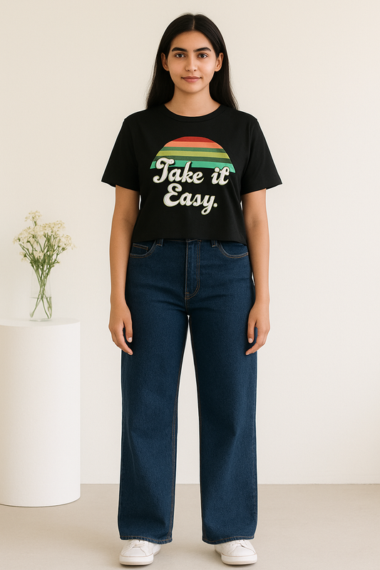 Dark Blue Wide Leg Jeans with Black Crop Top