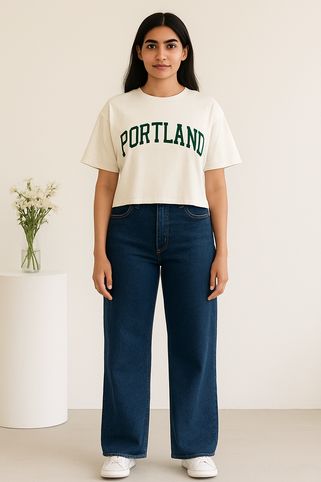 Dark Blue Wide Leg Jeans with White Oversized Crop Top