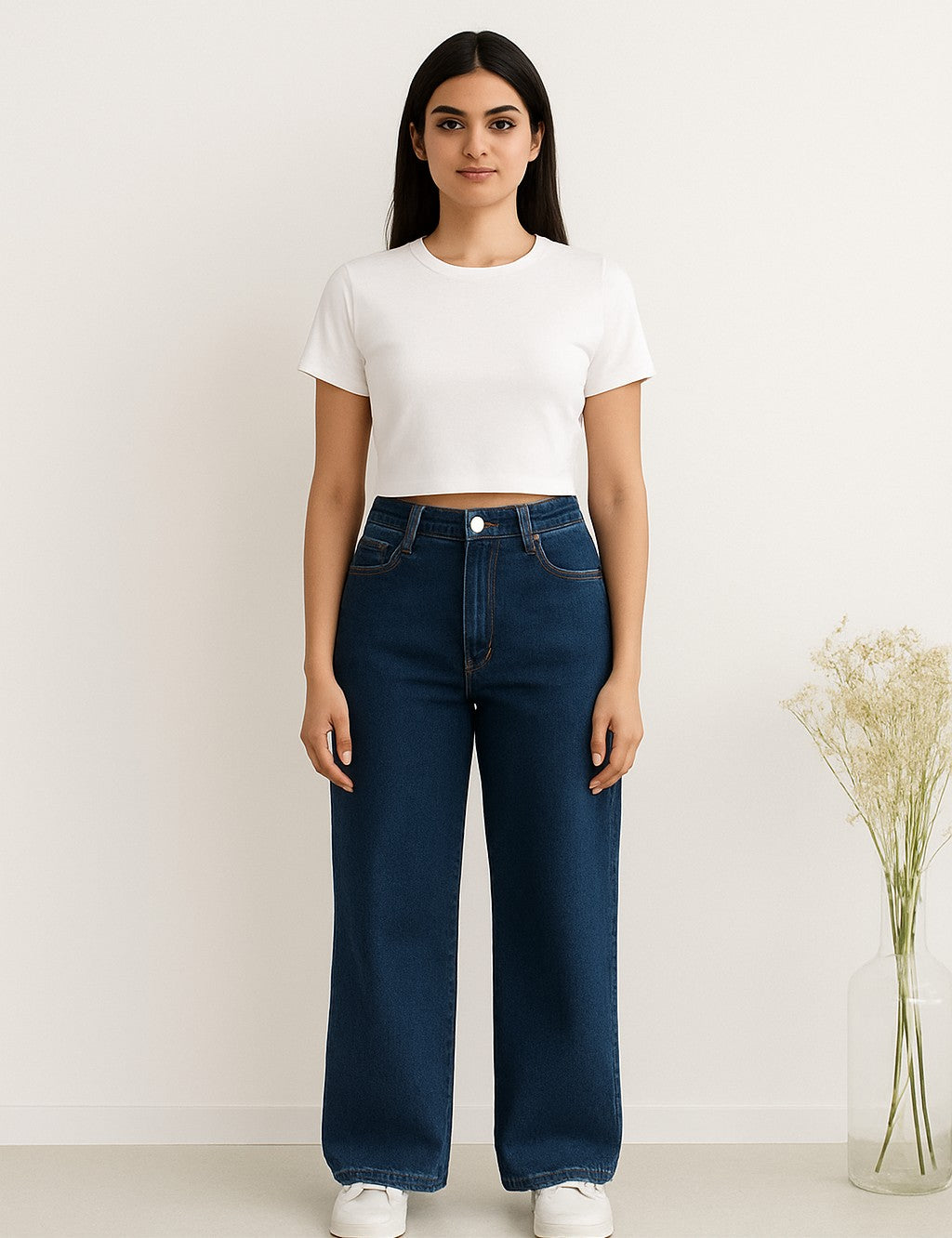 Wide Leg Jeans with Basic Plain Crop Top