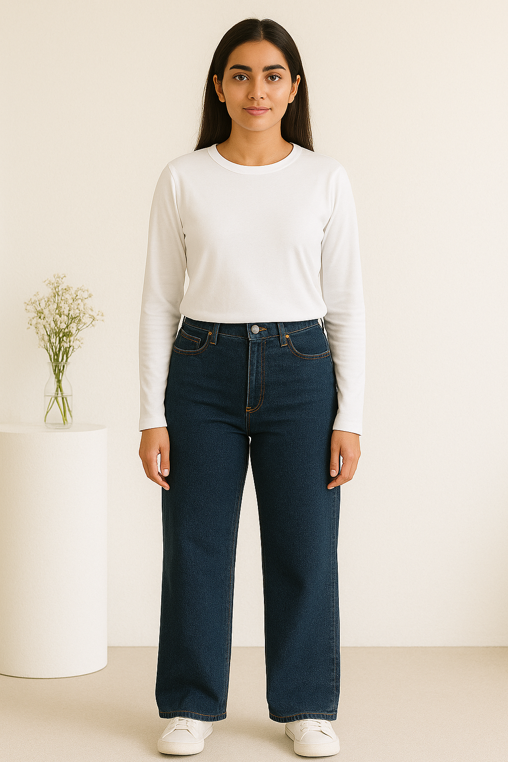 Wide Leg Jeans with Full Sleeves Basic T-Shirt